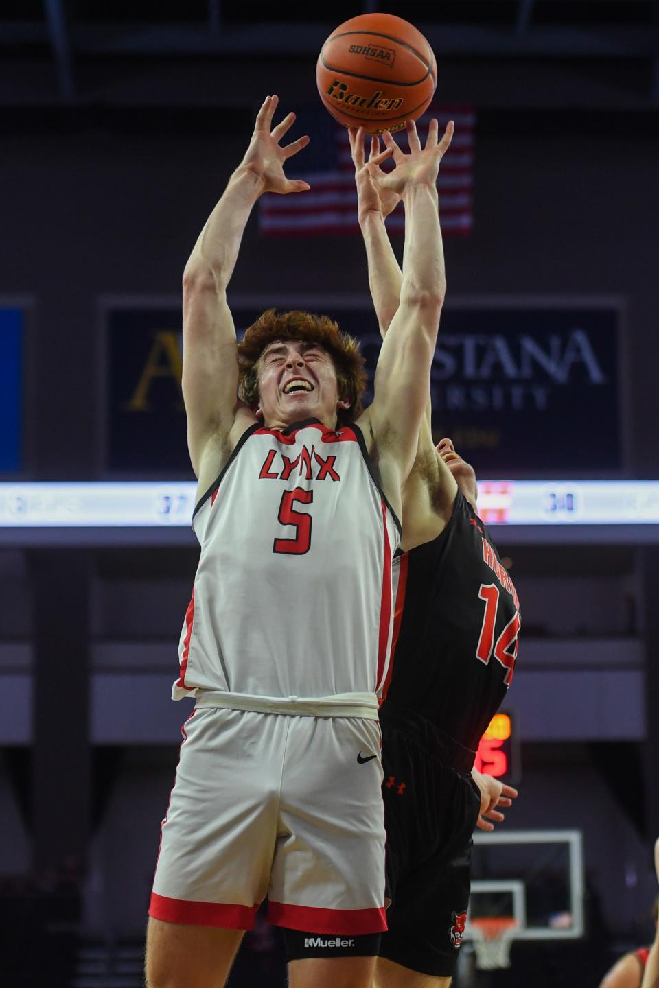 Brandon Valley guard Landon Dulaney (5) record 11 rebounds against Harrisburg on Friday, March 15, 2024 at the Denny Sanford Premier Center in Sioux Falls.