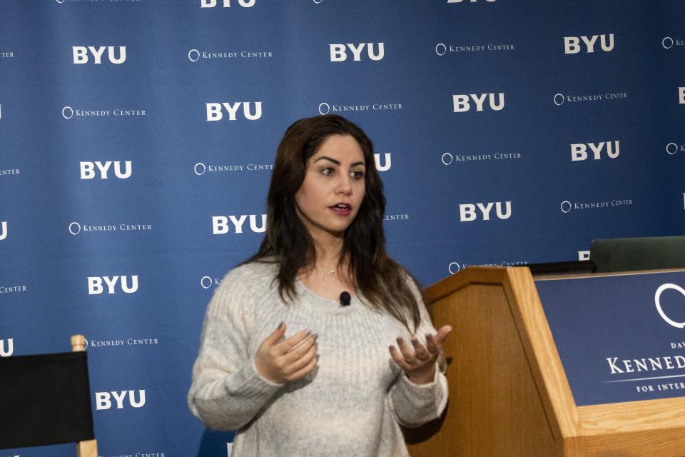 Homeira Qaderi speaks to students at BYU’s Kennedy Center.