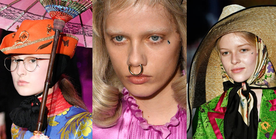 A closer look at the decorative teardrop stickers found in the beauty looks of the models at the Gucci show. (Photo: Getty Images)