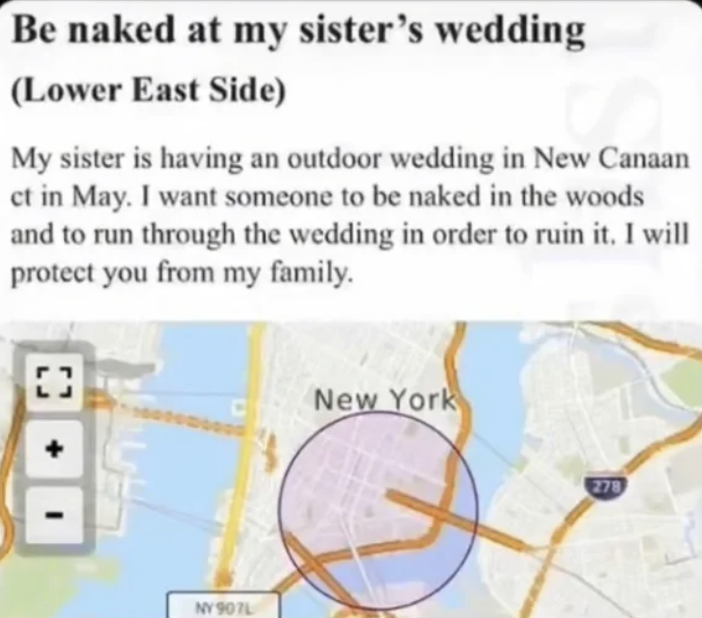 Ad requesting that someone is naked at their sister's wedding
