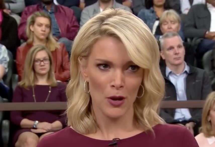 NBC Today Show host Megyn Kelly&nbsp;telling Tom Brokaw that they need to wrap up. (Photo: NBC)