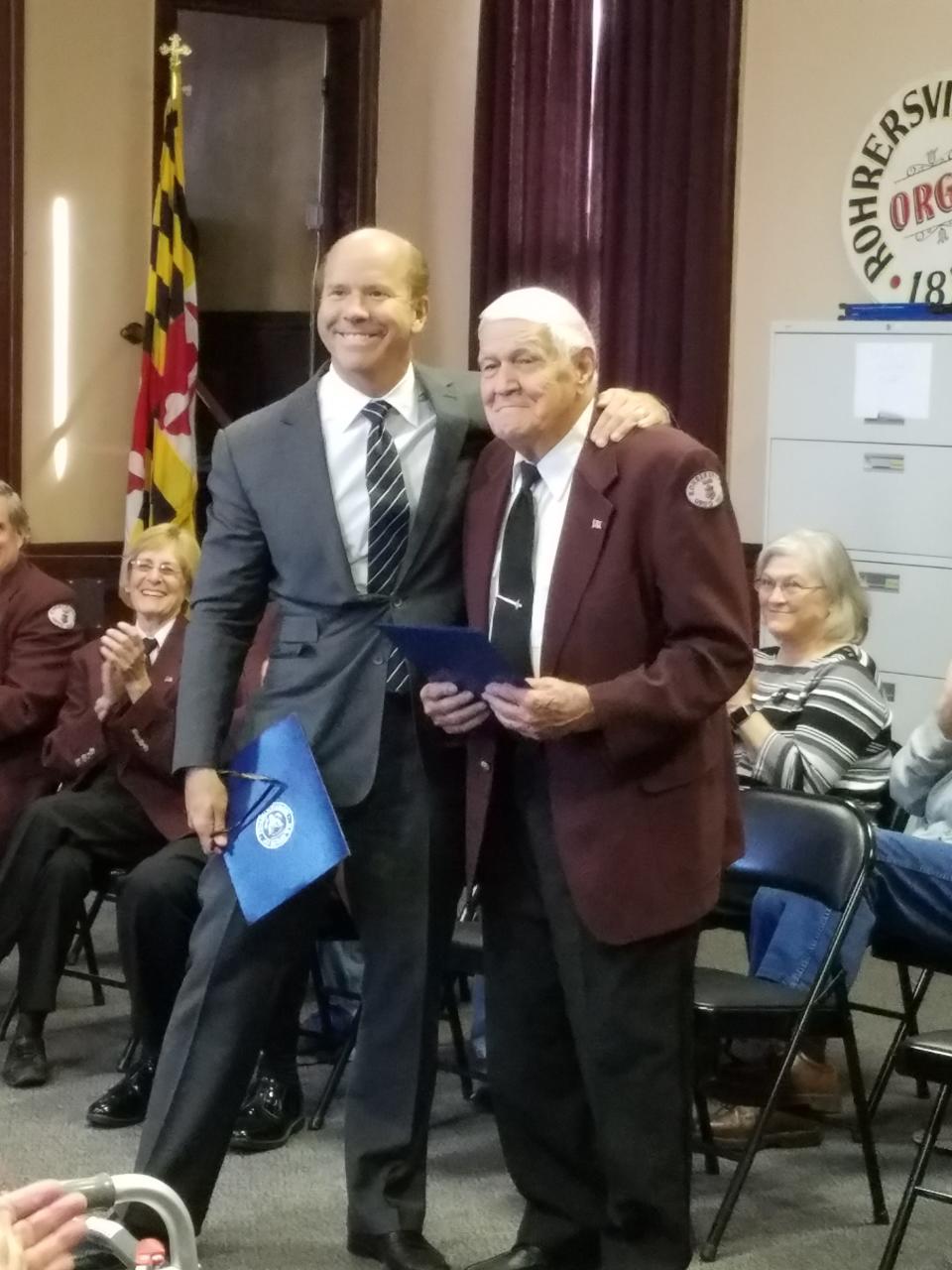 Richard Haynes  receives a congressional certificate from former U.S. Rep. John Delaney, D-6th, in 2016 honoring his 75 years of active membership in the Rohrersville Band.