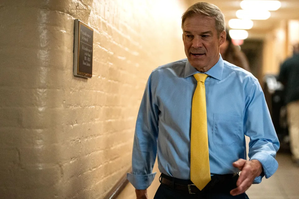 Rep. Jim Jordan, R-Ohio, center, arrives for a House Republican conference meeting on Capitol Hill on May 22, 2024 in Washington, DC.