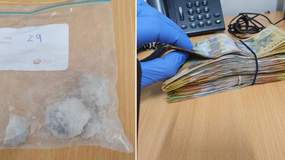 Picture of the drugs seized by police and some of the money police found in the vehicle, which was driven by a 23-year-old male