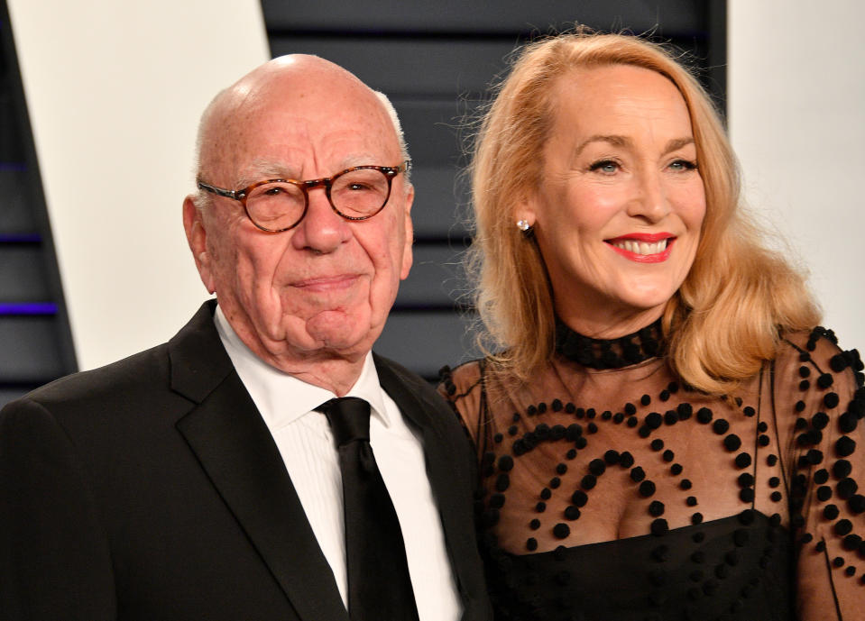 BEVERLY HILLS, CA - FEBRUARY 24:  Rupert Murdoch (L) and Jerry Hall attend the 2019 Vanity Fair Oscar Party hosted by Radhika Jones at Wallis Annenberg Center for the Performing Arts on February 24, 2019 in Beverly Hills, California.  (Photo by Dia Dipasupil/Getty Images)