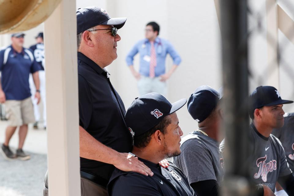 Detroit Tigers general manager Al Avila talks to Miguel Cabrera during spring training at TigerTown in Lakeland, Fla., Monday, Feb. 17, 2020.