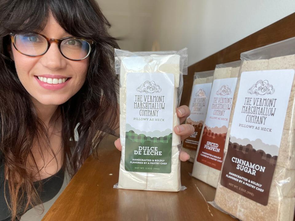 Alexx Shuman, founder of The Vermont Marshmallow Co., poses with products she produces at her commercial kitchen in South Burlington.