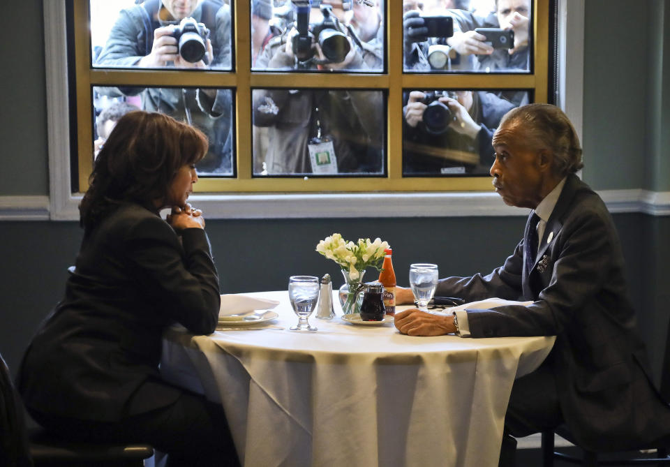 Sen. Kamala Harris, D-Calif., left, meets with civil rights leader Rev. Al Sharpton, president of the National Action Network, at Sylvia’s Restaurant in Harlem on Feb. 21. (Photo: Bebeto Matthews/AP)