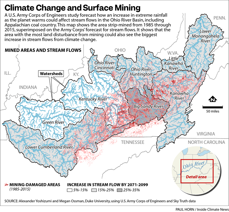 This map shows the area strip-mined from 1985 through 2015, superimposed on the Army Corps' forecast for stream flows. It shows that the area with the most land disturbance from mining could also see the biggest increase in stream flows from climate change.