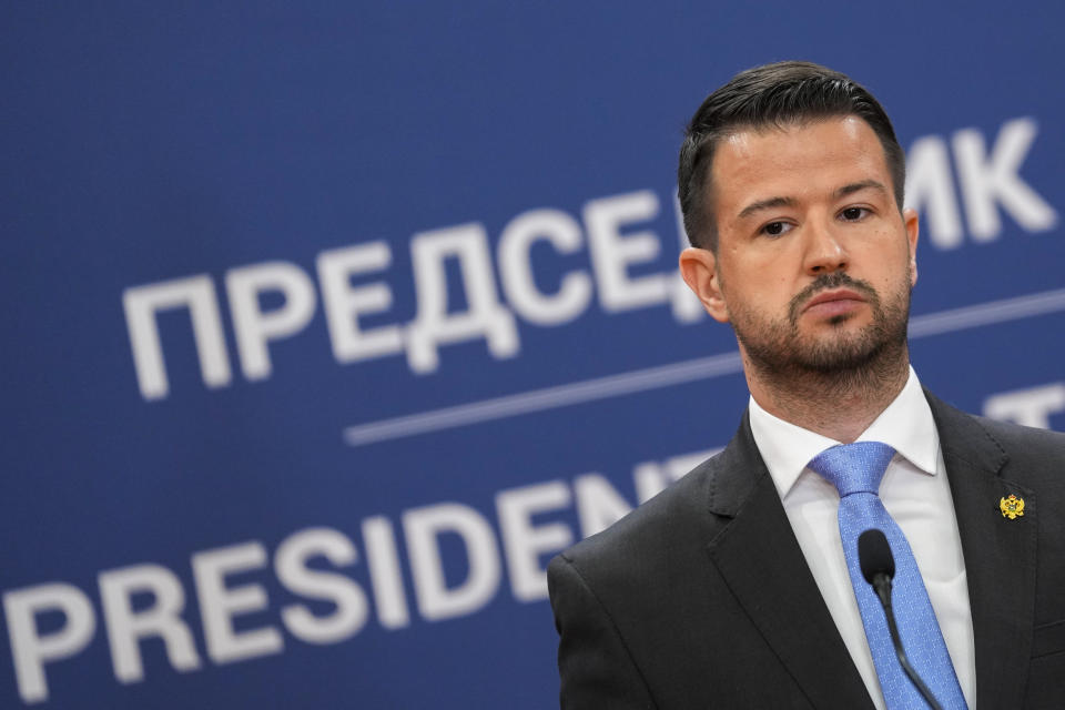 Montenegro's President Jakov Milatovic listens to his Serbian counterpart Aleksandar Vucic during a joint press conference at the Serbia Palace in Belgrade, Serbia, Monday, July 10, 2023. Milatovic is on a two-day official visit to Serbia. (AP Photo/Darko Vojinovic)