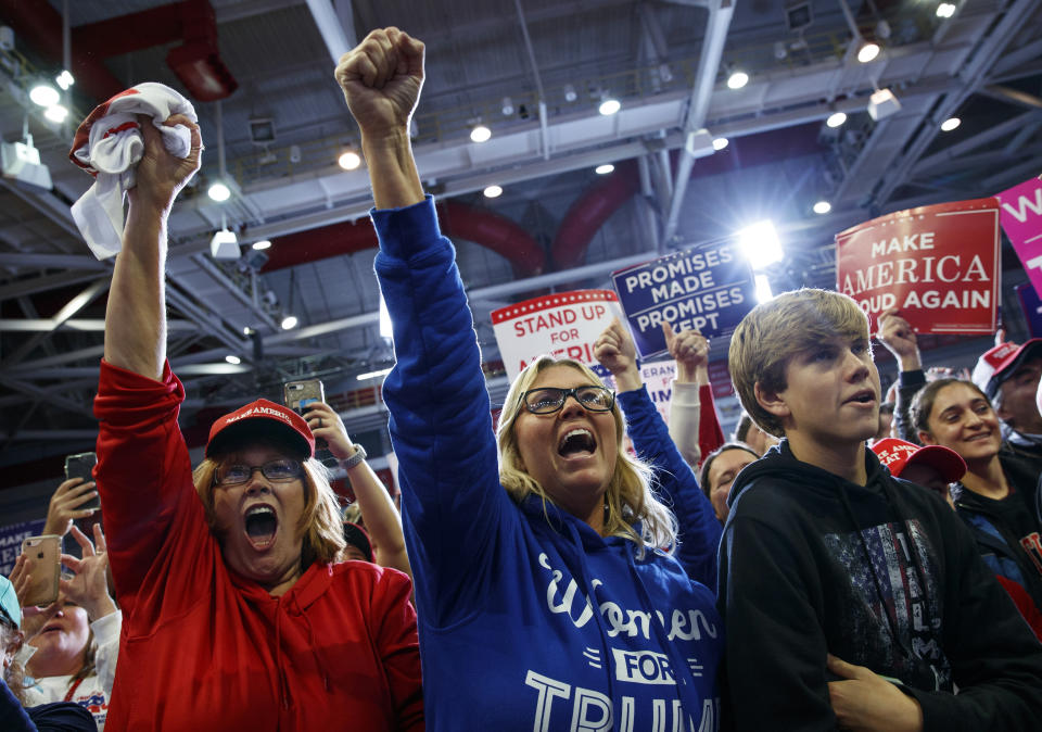 Trump supporters cheer as the president arrives to speak at the rally. (Photo: Carolyn Kaster/AP)