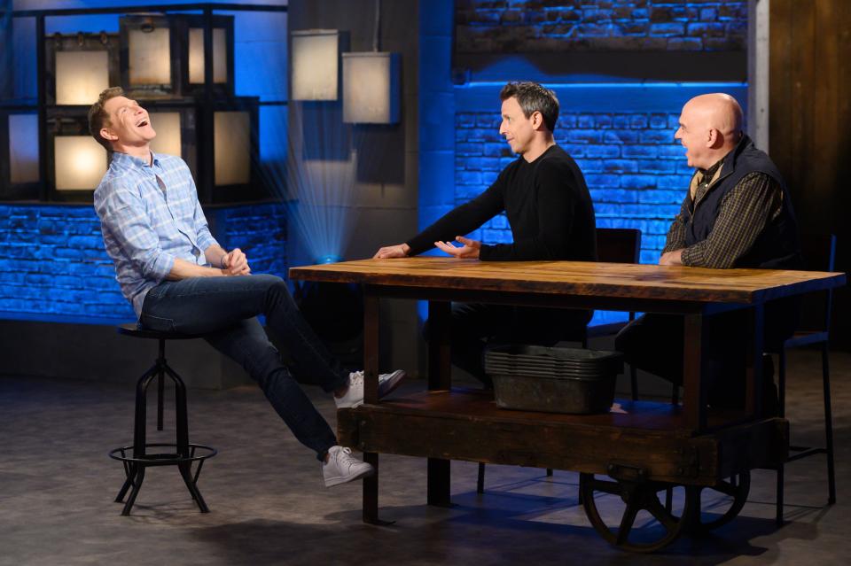 Seth Meyers steps in as a guest judge on Food Network's <em>Beat Bobby Flay</em> in an episode airing Thursday, Sept. 12, at 10 p.m. ET, joining Iron Chef Michael Symon and Flay in a showdown featuring <em>Top Chef</em>'s Carrie Baird and Chef Lamar Moore of Chicago.