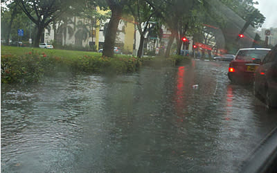 Flood in Paya Lebar. (Photo courtesy of @angeejin)