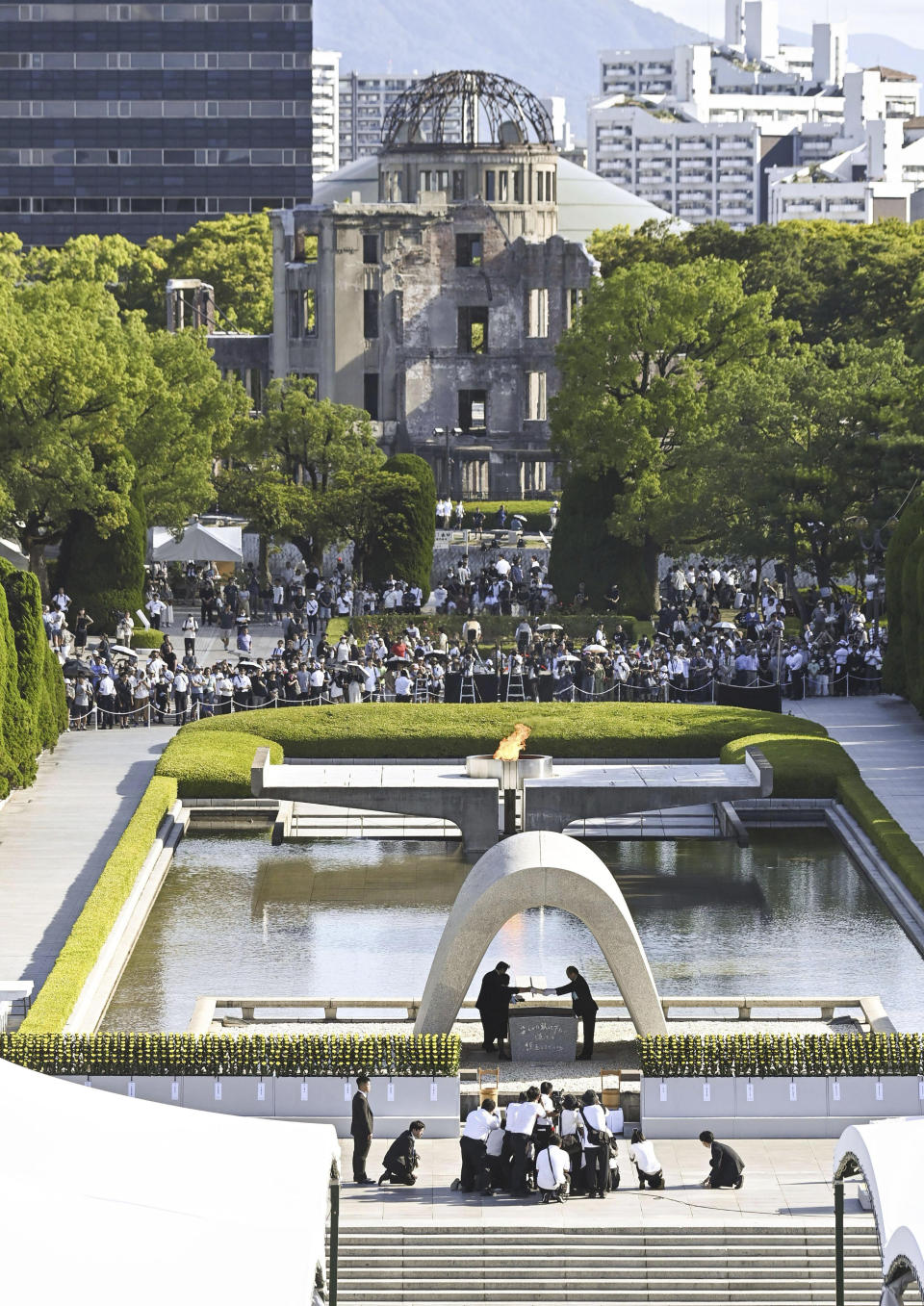 A ceremony to mark the 78th anniversary of the world's first atomic bombing is held at the Hiroshima Peace Memorial Park in Hiroshima, western Japan Sunday, Aug. 6, 2023. (Kyodo News via AP)