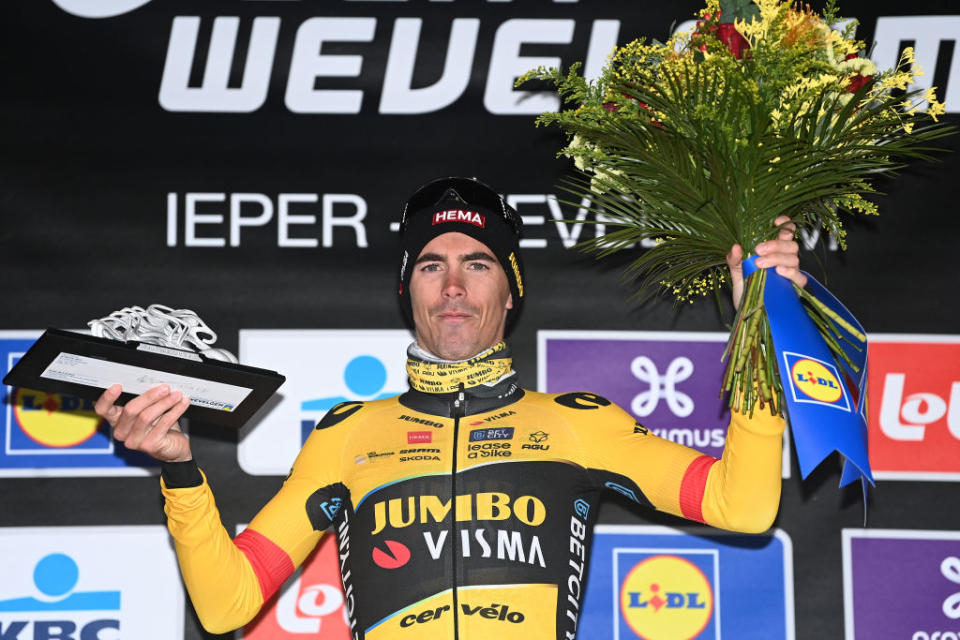 WEVELGEM BELGIUM  MARCH 26 Christophe Laporte of France and Team JumboVisma celebrates at podium as race winner during the 85th GentWevelgem in Flanders Fields 2023 Mens Elite a 2609km one day race from Ypres to Wevelgem  UCIWT  on March 26 2023 in Wevelgem Belgium Photo by Tim de WaeleGetty Images