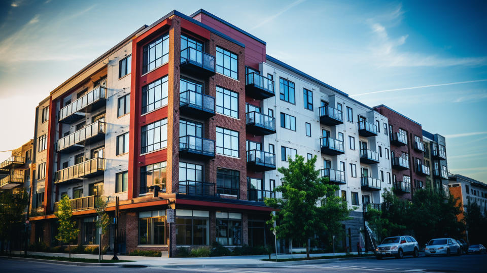 An exterior shot of a newly acquired apartment building, signifying the company’s acquisition of large residential properties.