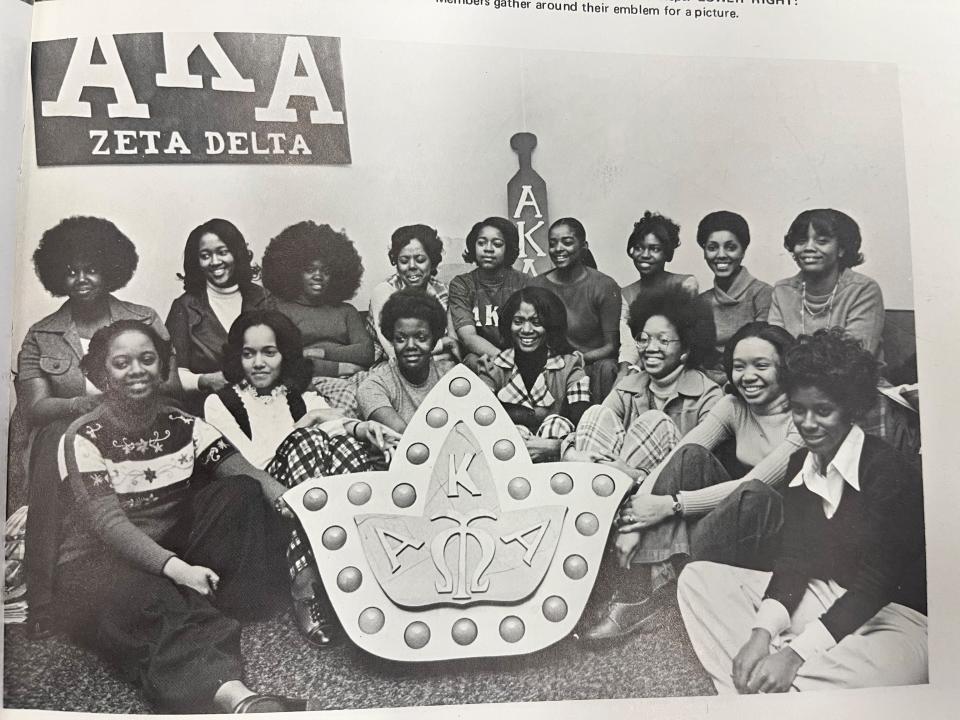 Members of the University of Tennessee chapter of Alpha Kappa Alpha sorority, the first historically Black sorority at the school, are shown in the 1974 UT yearbook. With the help of Lisa Leko, Cynthia Finch and Ola Blackmon-McBride, the names were identified. Front row, from left, are Pamela Davidson Chesney, Doris Freeman-Hull, Michelle Jones Turner, Rhonda Washington, Frances White Hall, Jacqueline Partee, and Debra Johnson. Back row, from left, are Mary Alma Branch, Charlene Lee Davis, Pat Flynn (deceased), Lauren P. Murphy (deceased), Phyllis Mitchell, Debbie Silver-Young, Carol Lumpkin, Sheila Winfrey-Brown, and Carol Ingram.