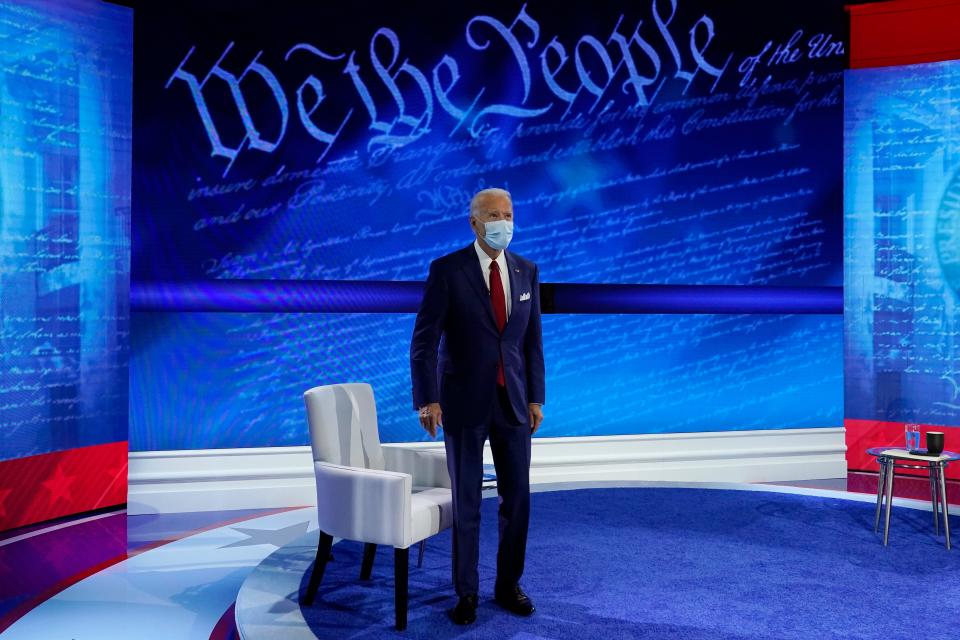 Democratic presidential candidate former Vice President Joe Biden participates in a town hall with moderator ABC News anchor George Stephanopoulos at the National Constitution Center in Philadelphia.