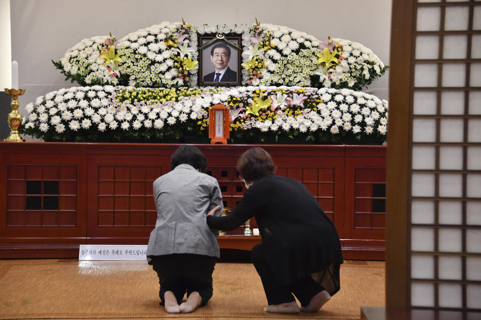 In this photo provided by Seoul Metropolitan Government, a portrait of the deceased Seoul Mayor Park Won-soon is placed at a hospital in Seoul, South Korea, Friday, July 10, 2020. Seoul's mayor left a note saying he felt "sorry to all people" before he was found dead early Friday, officials in the South Korean capital said as people began mourning the liberal legal activist seen as a potential presidential candidate. (Seoul Metropolitan Government via AP)