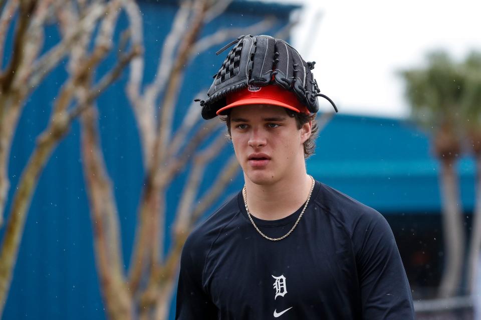 Detroit Tigers pitcher Jackson Jobe walks off the field after practice during spring training at TigerTown in Lakeland, Fla. on Saturday, Feb. 17, 2024.