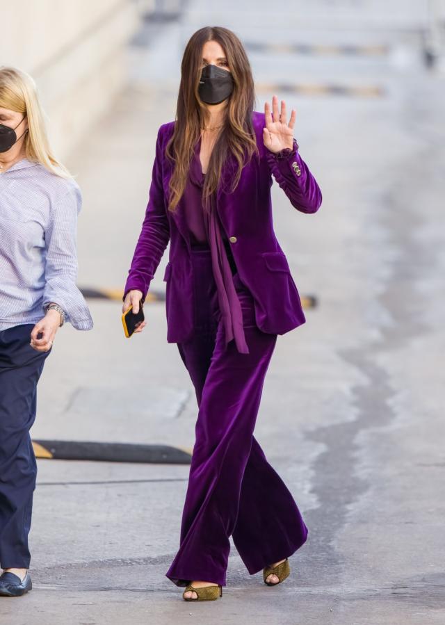 Sandra Bullock Makes a Stylish Arrival in Purple Velour Power Suit & Gold  Sandals for 'Jimmy Kimmel'