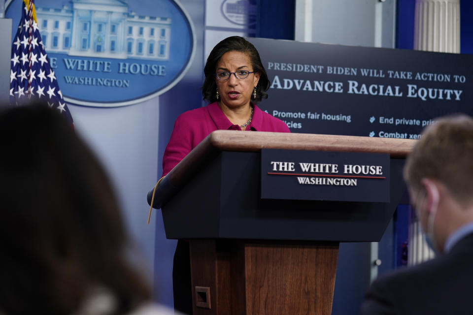 White House Domestic Policy Adviser Susan Rice speaks during a press briefing at the White House, Tuesday, Jan. 26, 2021, in Washington. (AP Photo/Evan Vucci)