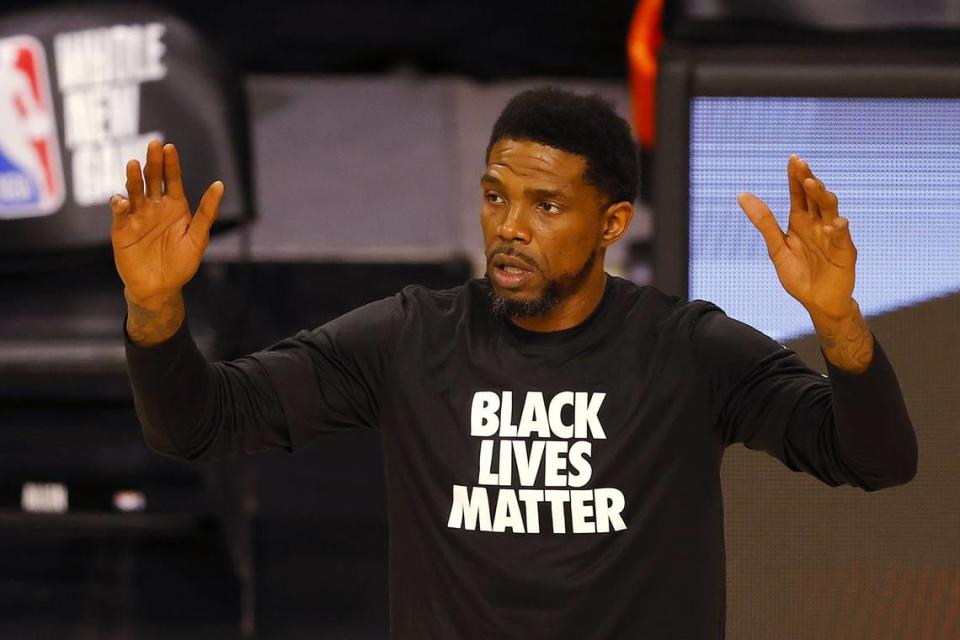 Miami Heat forward Udonis Haslem wears a Black Lives Matter shirt before the start of a game against the Denver Nuggets at HP Field House at ESPN Wide World Of Sports Complex in Lake Buena Vista on Aug. 1, 2020.