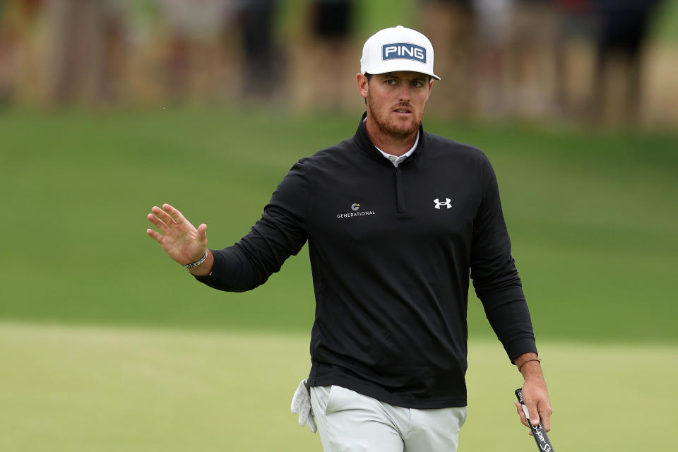 TULSA, OKLAHOMA - MAY 21: Mito Pereira of Chile and Will Zalatoris of the United States shake hands on the 18th green during the third round of the 2022 PGA Championship at Southern Hills Country Club on May 21, 2022 in Tulsa, Oklahoma. (Photo by Richard Heathcote/Getty Images)