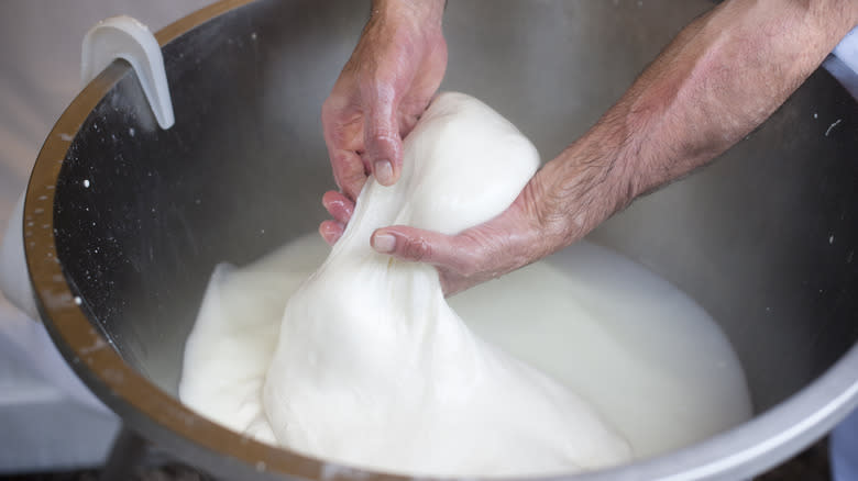 Handmaking mozzarella cheese in bowl