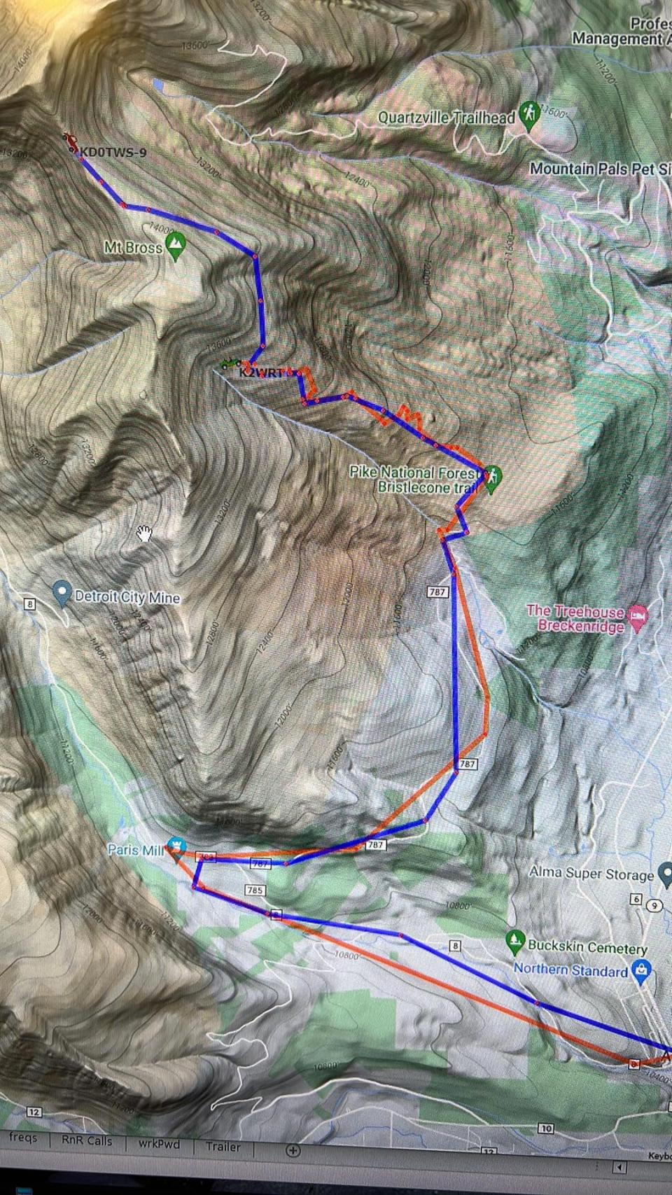 Colorado 4x4 Rescue and Recovery's route to the stranded truck, suspected to be the same route the truck drove