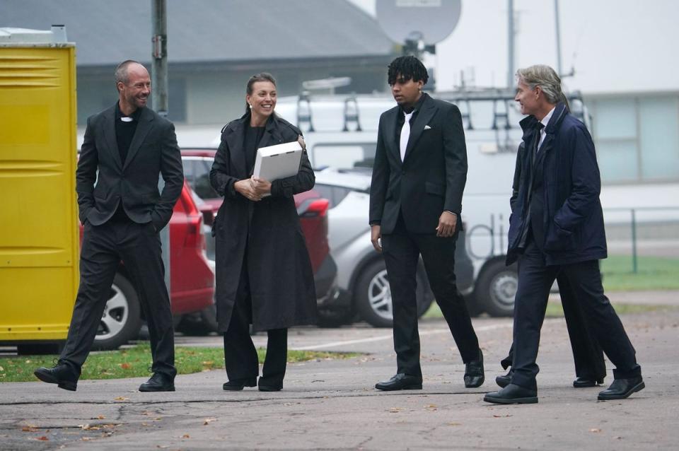 Sven-Goran Eriksson's children Johan (left) and Lina (second left) before his funeral at Fryksande Church in Torsby (Yui Mok/PA Wire)