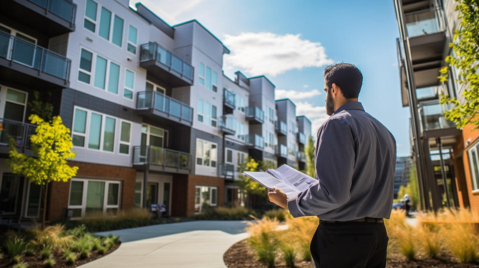 A Real Estate Investment Trust (REIT) property manager inspecting a newly acquired apartment complex.