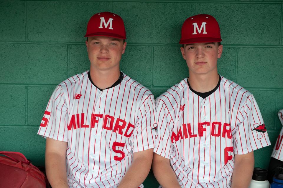 Milford High School baseball brothers Damien and Ian Carter in the Fino Field dugout, May 8, 2023.