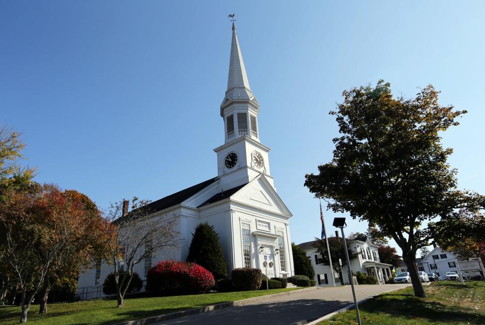 The First Parish Church is in the heart of York yet its property extends into the woods beyond the First Parish Cemetery.