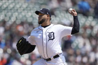 Detroit Tigers starting pitcher Eduardo Rodriguez throws during the first inning of a baseball game against the Pittsburgh Pirates, Wednesday, May 17, 2023, in Detroit. (AP Photo/Carlos Osorio)