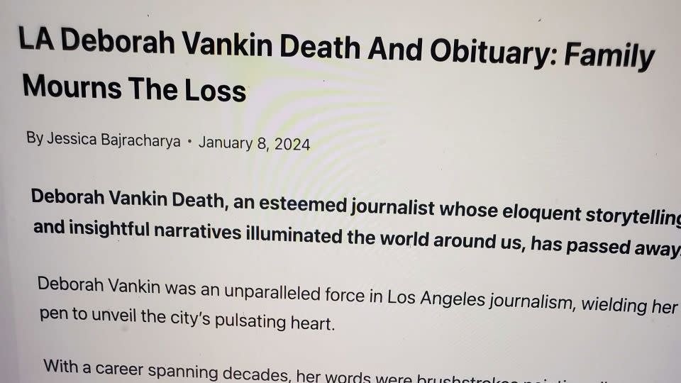 An AI-generated obituary for Deborah Vankin circulated online earlier this year. - Obtained by CNN