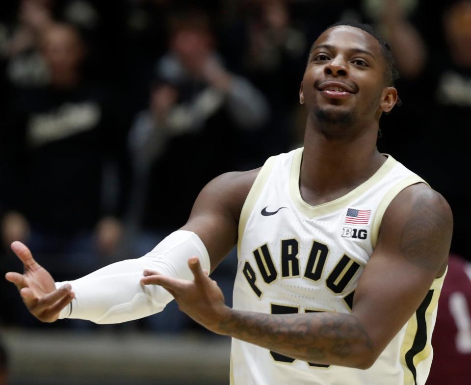 Purdue Boilermakers guard Lance Jones (55) celebrates after making a shot during the NCAA men’s basketball game against the Texas Southern Tigers, Tuesday, Nov. 28, 2023, at Mackey Arena in West Lafayette, Ind. Purdue Boilermakers won 99-67.