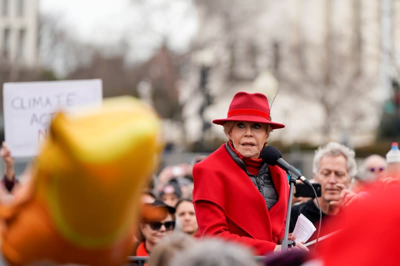 Jane Fonda speaks during a "Fire Drill Fridays" protest calling attention to climate change at the U.S. Capitol in Washington