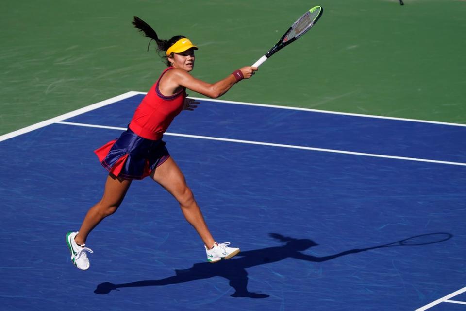 Emma Raducanu in full flow as she made the fourth round at the US Open in style (Seth Wenig/AP) (AP)