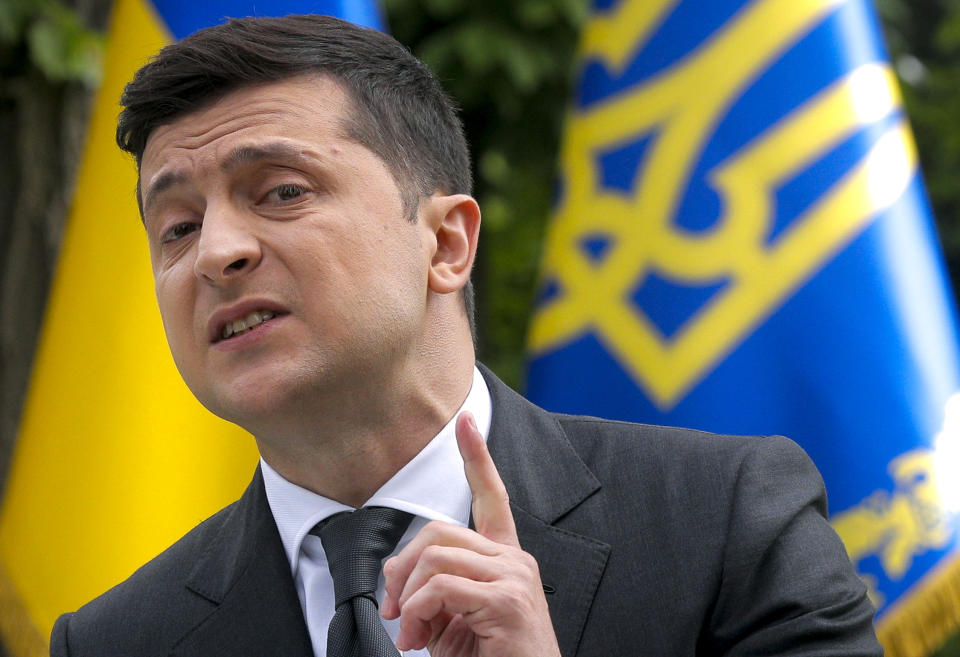 FILE In this file photo taken on Wednesday, May 20, 2020, Ukraine's President Volodymyr Zelenskiy speaks to the media during a news conference in Kyiv, Ukraine. Ukrainians are heading to the polls on Sunday, Oct. 25, 2020 to cast ballots in local elections seen as a key test for President Volodymyr Zelenskiy. Zelenskiy, a popular comedian without prior political experience, was elected by a landslide in April 2019 on promises to end fighting with Russia-backed separatists in eastern Ukraine, uproot endemic corruption and shore up a worsening economy. (Sergey Dolzhenko/Pool Photo via AP, File)