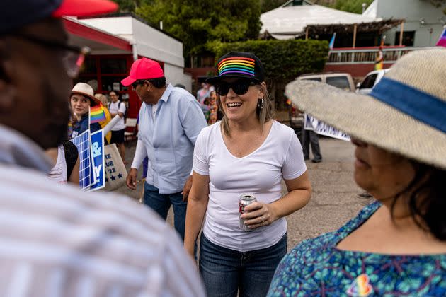 Arizona Secretary of State Katie Hobbs, a Democrat running for Arizona governor, talks to supporters at the Bisbee Pride Parade. (Photo: Adriana Zehbrauskas for HuffPost)