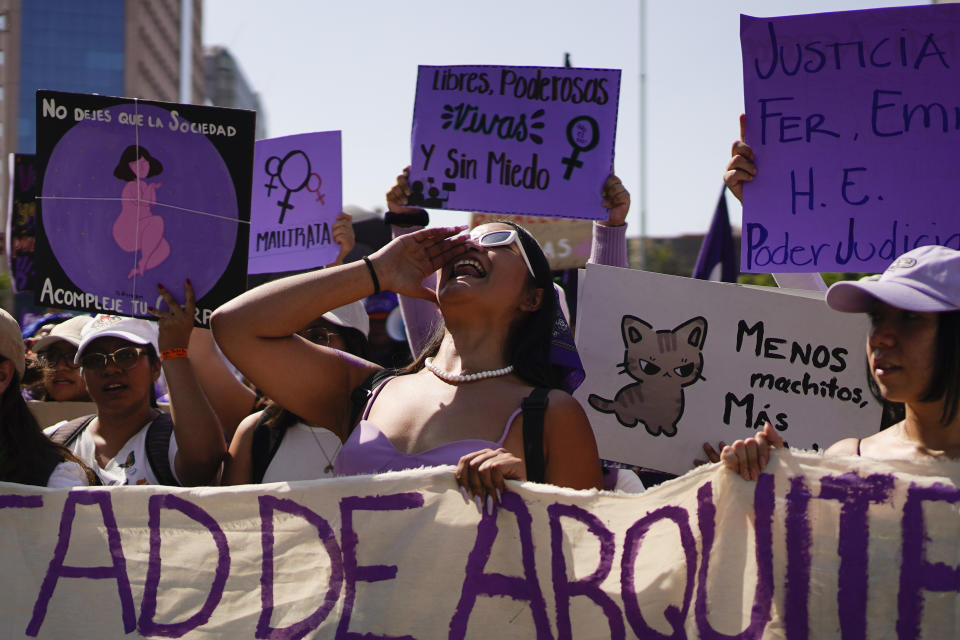 Women march against gender-based violence marking International Women's Day, in Mexico City, Friday, March 8, 2024. (AP Photo/Aurea del Rosario)