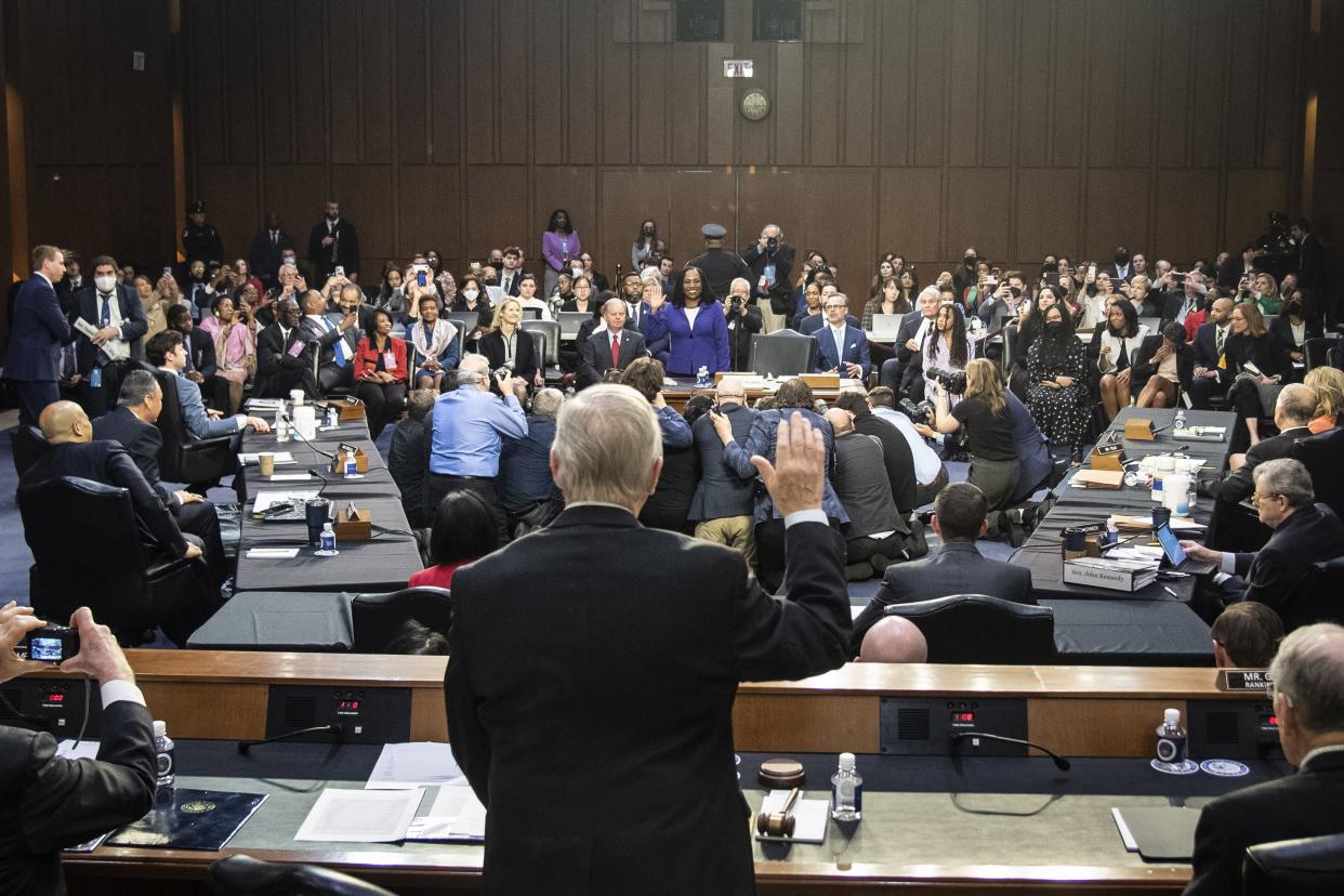 U.S. Supreme Court nominee Ketanji Brown Jackson is sworn in during her confirmation hearing before the Senate Judiciary Committee on Capitol Hill on March 21, 2022, in Washington, DC.