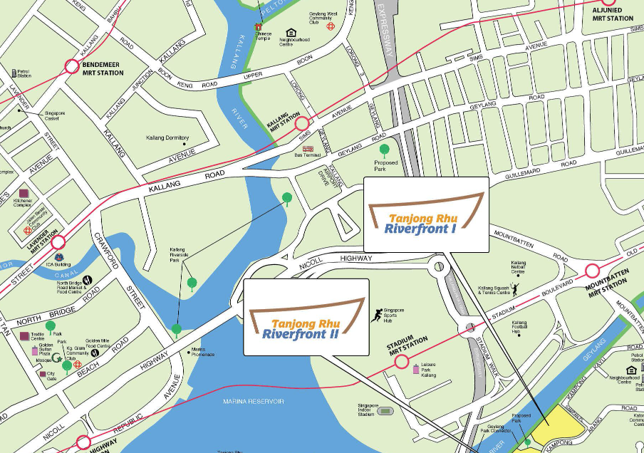 Location of the Tanjong Rhu Riverfront I & II Kallang/Whampoa HDB BTO June 2024 flats, bounded by Kampong Arang Road, Tanjong Rhu Road, and Sampan Place. Source: HDB