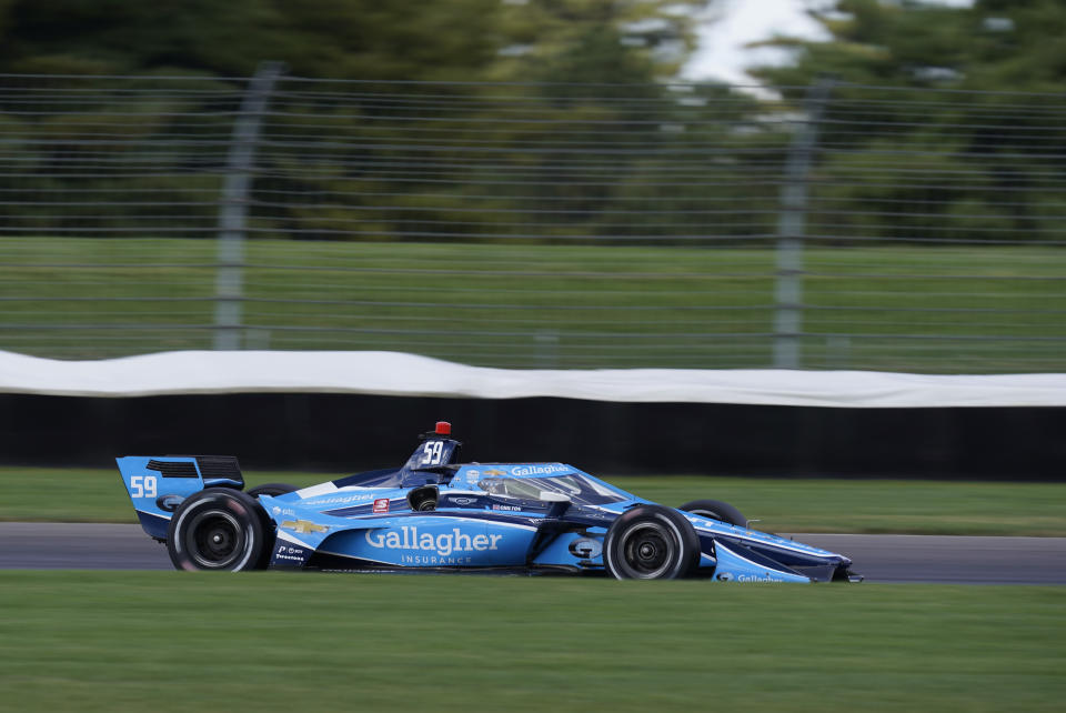 Max Chilton, of England, steers his car during a practice session for an IndyCar auto race at Indianapolis Motor Speedway, Thursday, Oct. 1, 2020, in Indianapolis. (AP Photo/Darron Cummings)