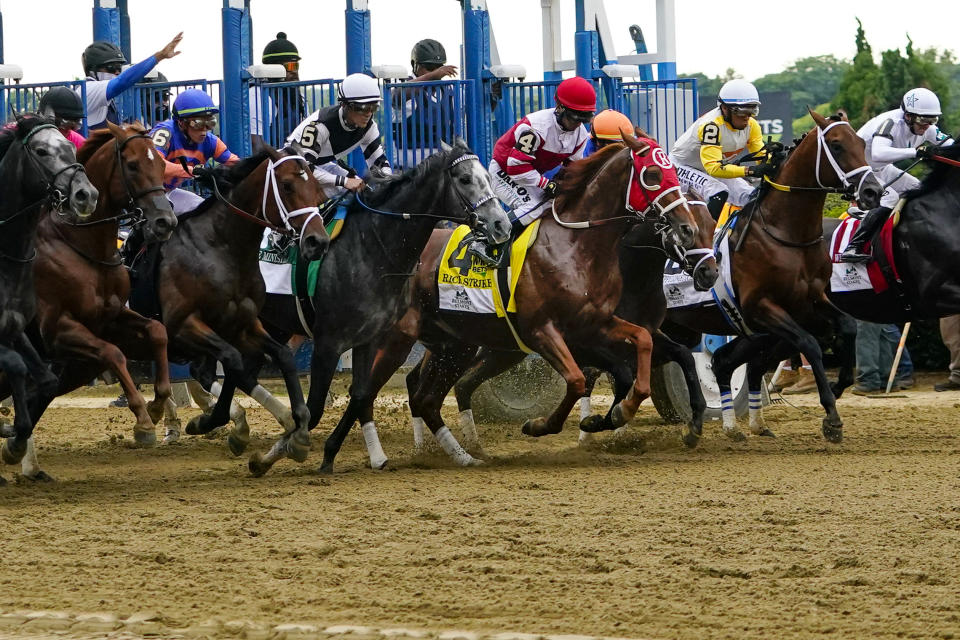 Rich Strike (4), with jockey Sonny Leon up, leaves the starting gate during the 154th running of the Belmont Stakes horse race Saturday, June 11, 2022, at Belmont Park in Elmont, N.Y. Mo Donegal (6), with Irad Ortiz Jr., won the race. (AP Photo/Frank Franklin II)