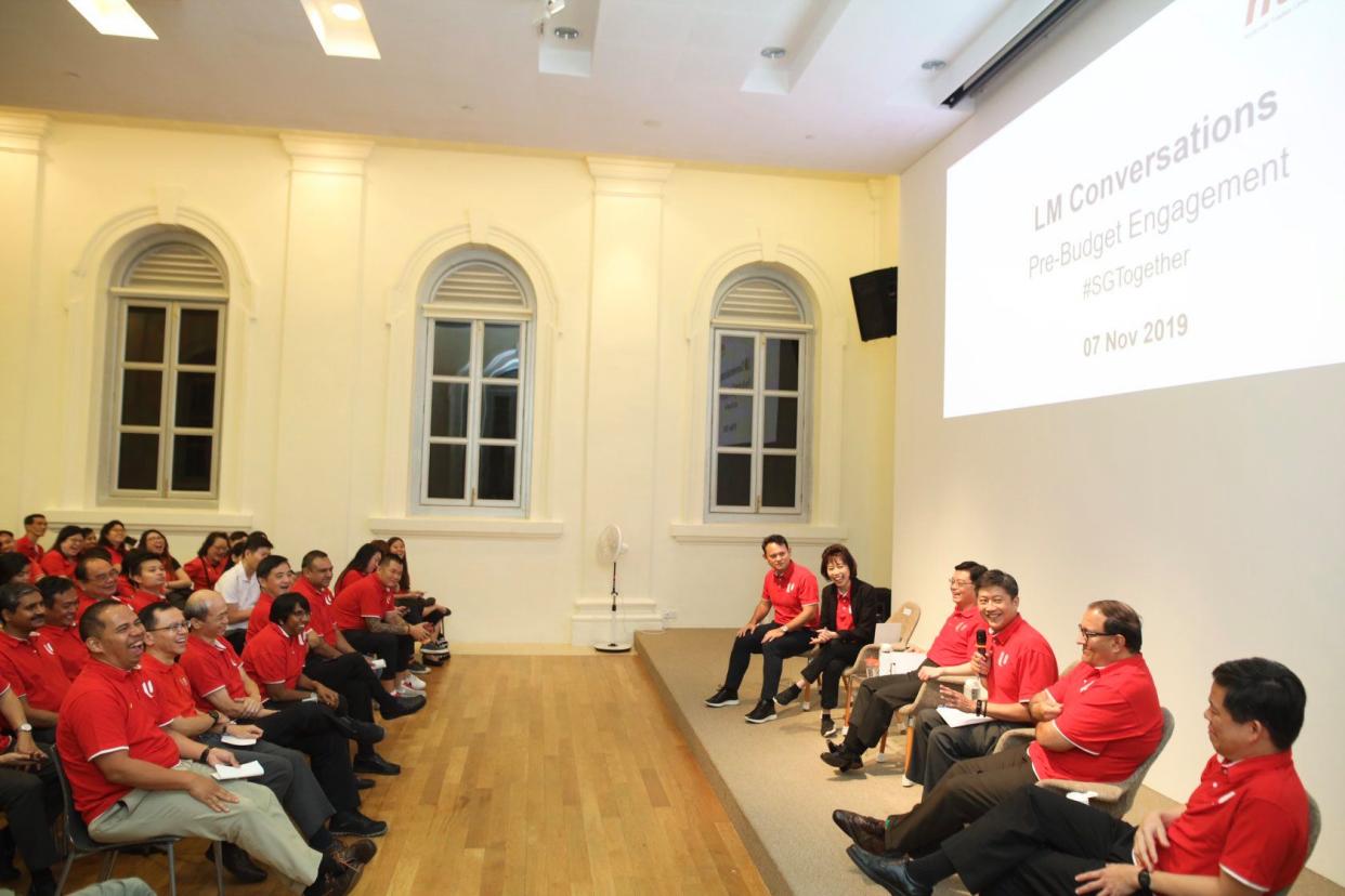 The NTUC dialogue session at National Museum of Singapore, with secretary-general Ng Chee Meng (with microphone) and Singapore's 4G leaders (from right) Chan Chun Sing, S Iswaran and Heng Swee Keat. (PHOTO: Ng Chee Meng/Facebook) 