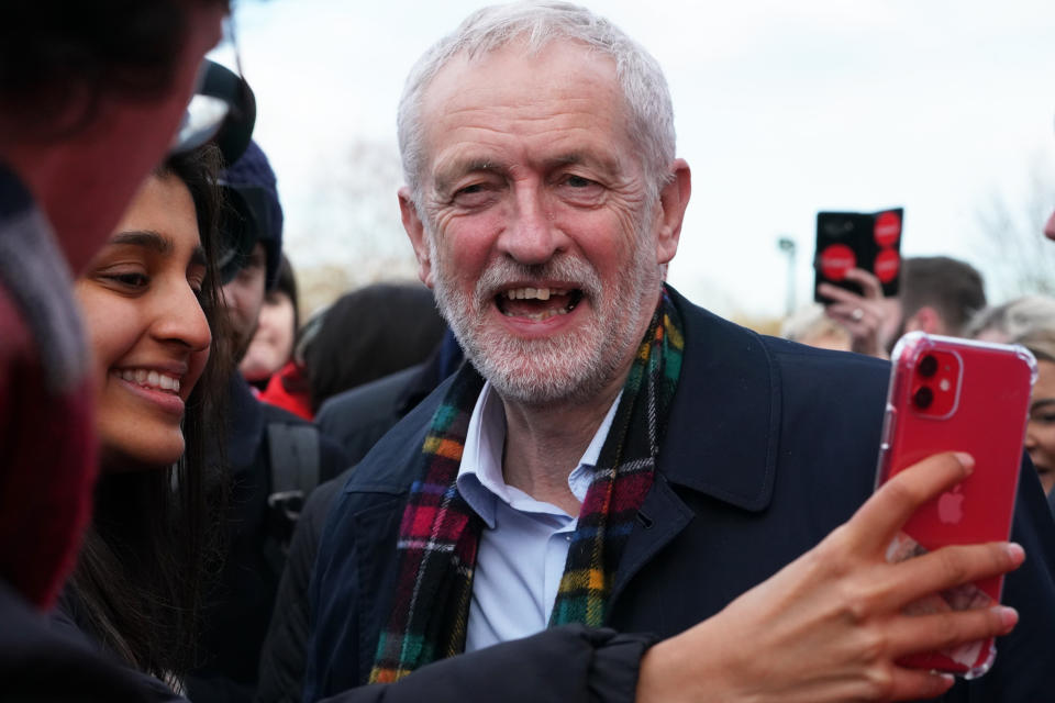 Labour leader Jeremy Corbyn has his photograph taken with supporters at a rally in Stainton Village in Middlesbrough, while on the General Election campaign trail.