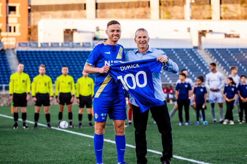 Clay Dimick was gifted a custom jersey in commemoration of his 100th game for Charlotte Independence before April’s win against Greenville Triumph SC.