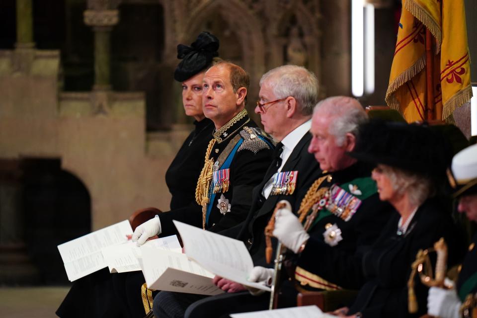 The Countess of Wessex, Earl of Wessex, Duke of York, King Charles III and the Queen Consort attend the service at St Giles’ Cathedral (Jane Barlow/PA Wire)
